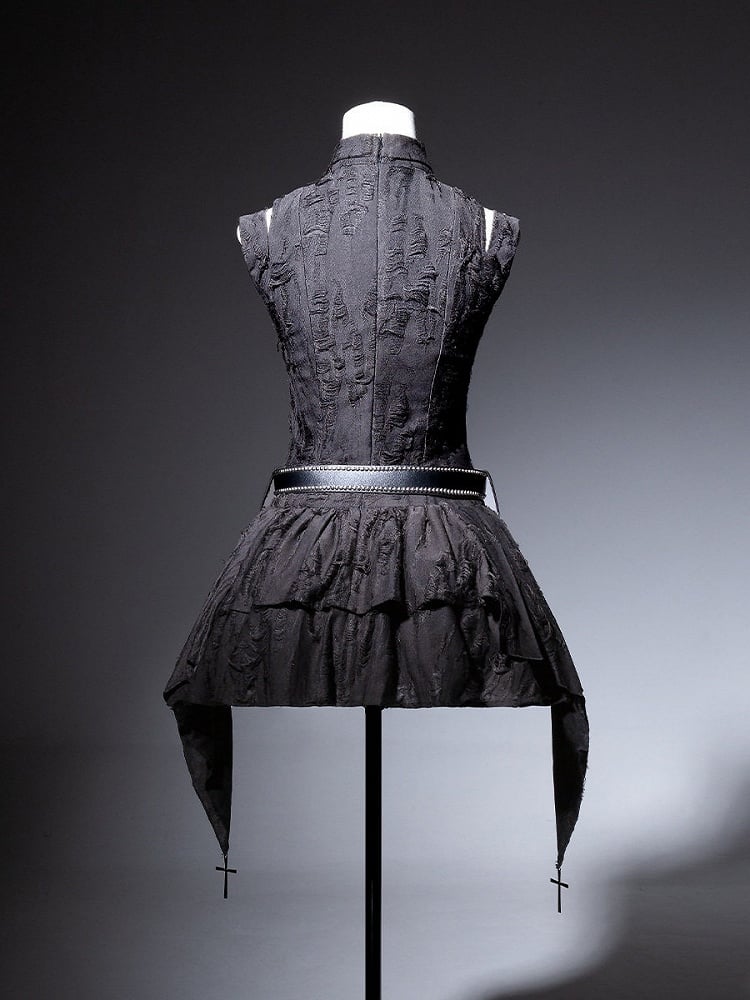 Black Gothic Metal Button Accent Asymmetric Hem Lolita Sleeveless Dress with Belt Set - view 4