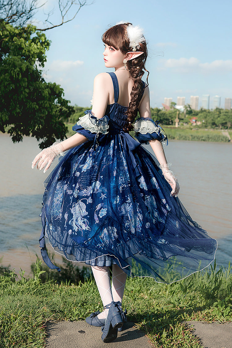 Blue [Deep Sea Jellyfish] Print Ruffle Lace Sweet Elegant Lolita Jsk Dress - Product - 12