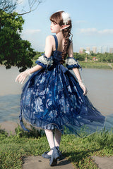 Blue [Deep Sea Jellyfish] Print Ruffle Lace Sweet Elegant Lolita Jsk Dress - Product - 12