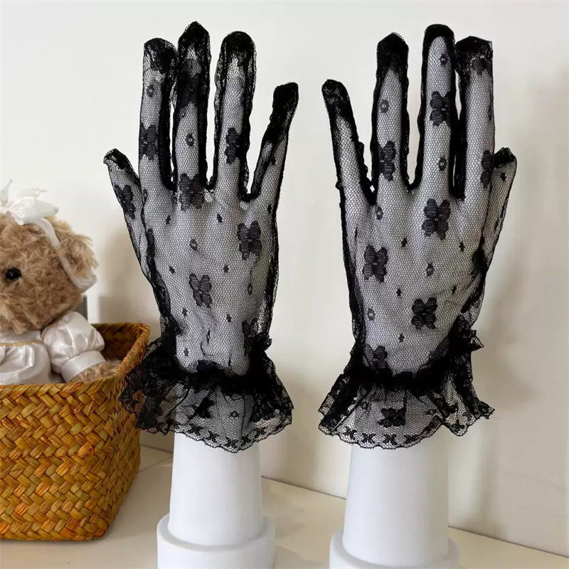 Butterfly Embroidered Lace Mesh Sweet Lolita Gloves 2 Colors - Black - 2