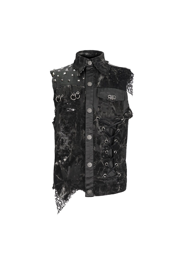 Black Loose Non-Stretch Tie-Dye Decadent Snatched Skull Sheep Head Decoration Men's Punk Vest - Product - 8