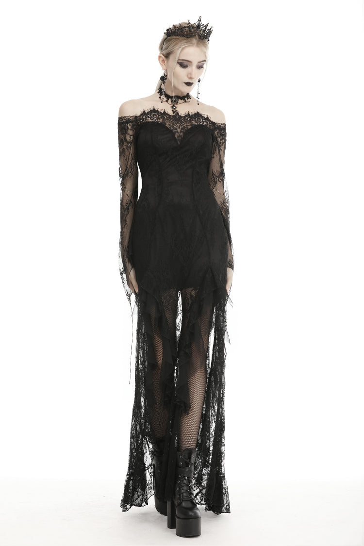 Black Off Shoulder Long Sleeves Lace Lace-Up Women's Gothic Mermaid Wedding Dress - Product - 8