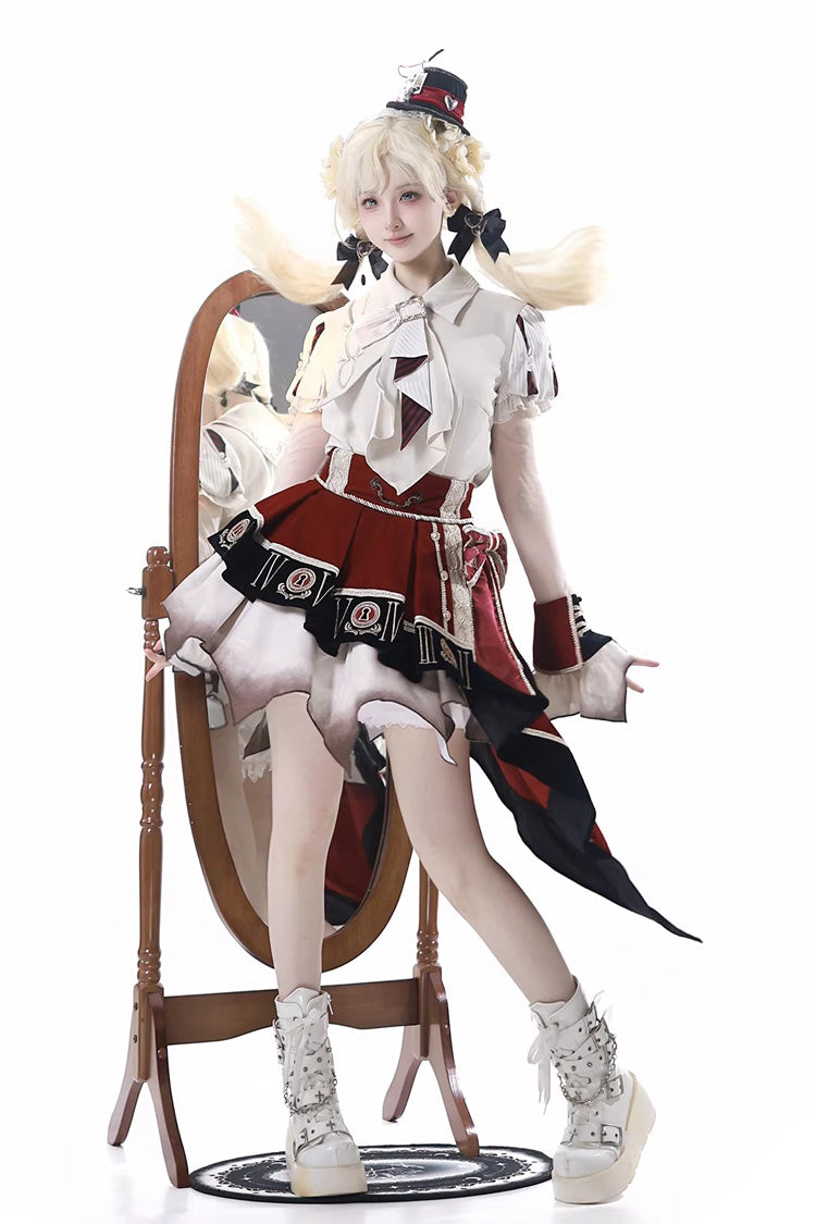 Red/White [Burning Finale] Lapel Collar Short Sleeves Ombre Embroidered Irregular Classic College Style Lolita Skirt Set - Product - 9