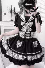 Black/White Navy Collar Short Sleeves Printed Ruffled Bow Jirai Kei Japanese Skirt and Blouse Set - Black/White - 1