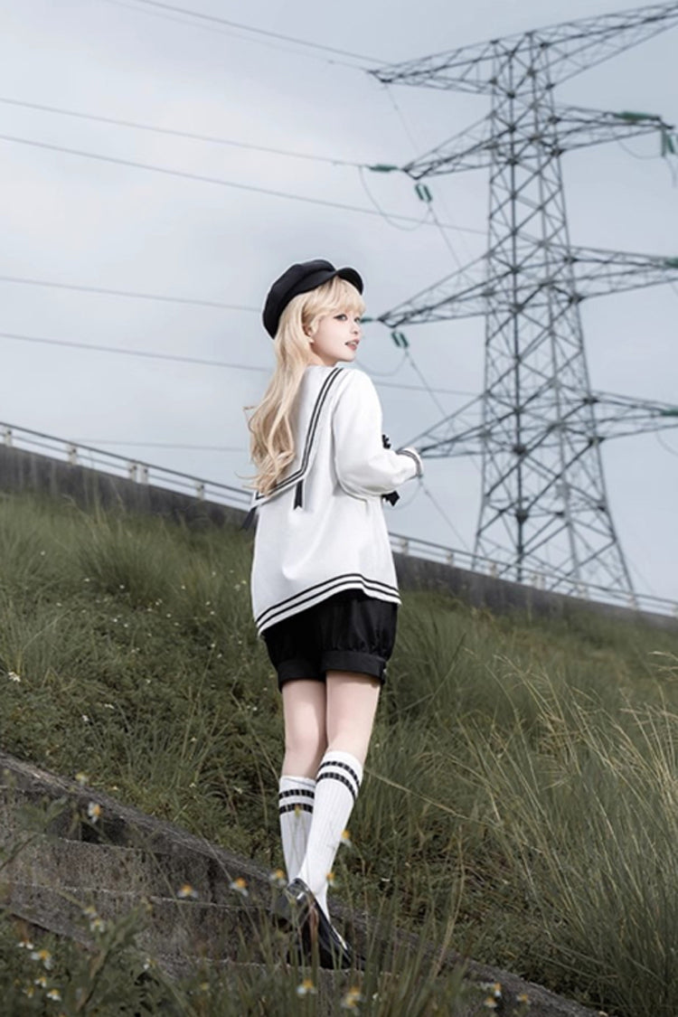 Black/White [Old Stories] Navy Collar Long Sleeves Bowknot Ouji Gothic Lolita Blouse Shorts Set - Product - 7