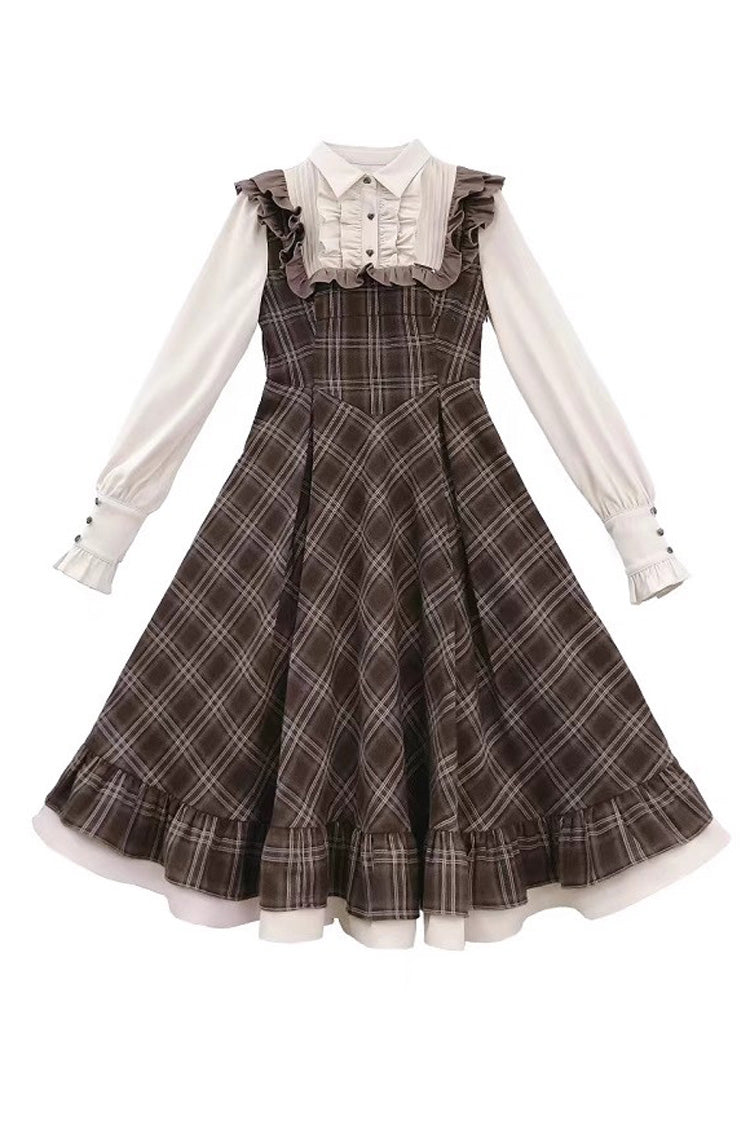 Brown [The Thames at Dusk] Print Long Sleeves Ruffle Fake Two Pieces Vintage College Style Lolita Dress - Product - 3