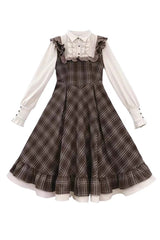 Brown [The Thames at Dusk] Print Long Sleeves Ruffle Fake Two Pieces Vintage College Style Lolita Dress - Product - 3