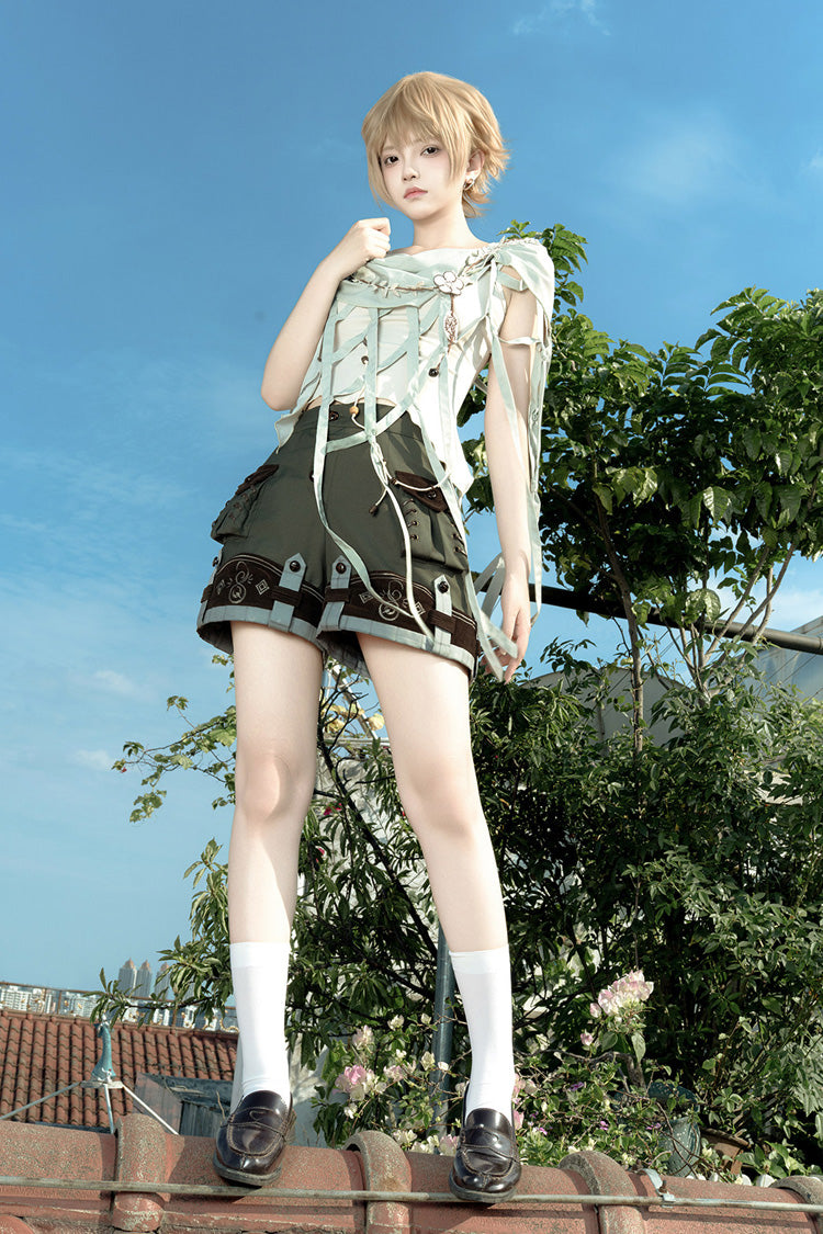 Green [Forest Guide] Square Collar Asymmetric Prince Ouji Lolita Set (Shorts + Shawl + Top) - Product - 3
