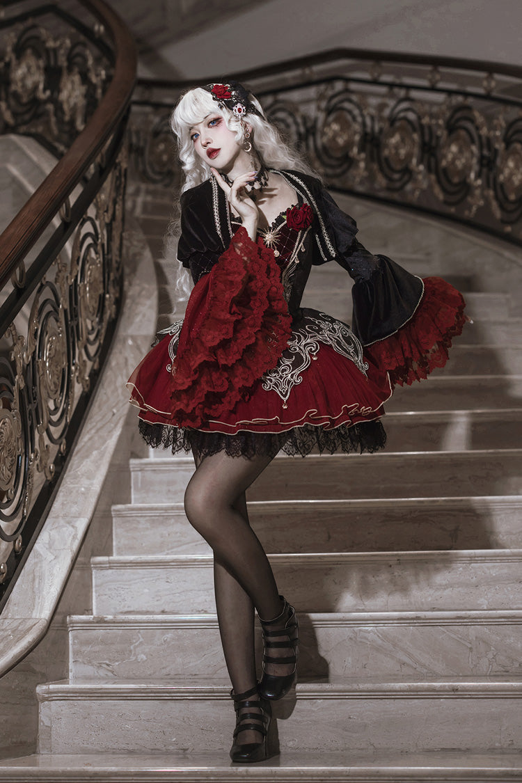 Black/Red [Blood Clan Feast] Ruffle Embroidery Lace Gothic Lolita Jsk Dress Set - Product - 9