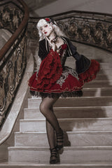 Black/Red [Blood Clan Feast] Ruffle Embroidery Lace Gothic Lolita Jsk Dress Set - Product - 9