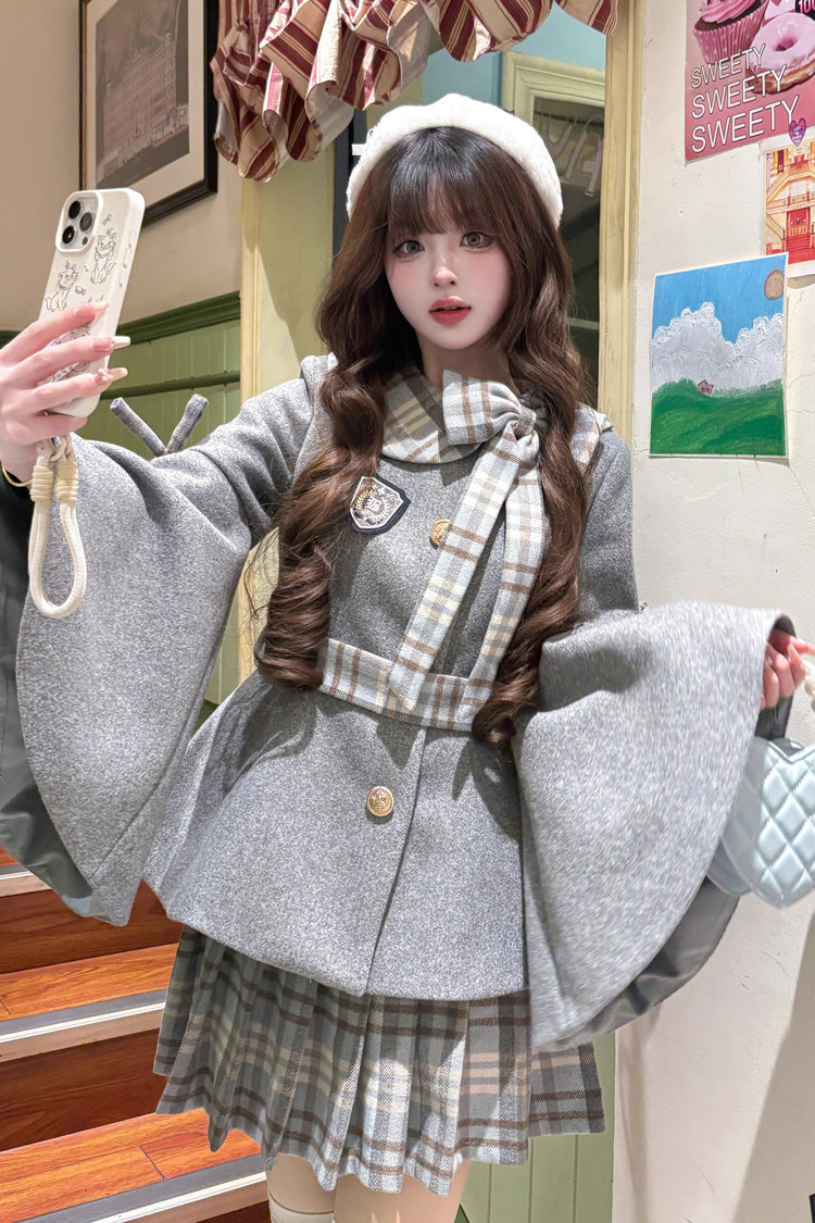 [Chestnut Sea Salt] Long Trumpet Sleeves Print Ruffle Bowknot Sweet Elegant Lolita Skirt Coat 2 Colors - Grey - 2