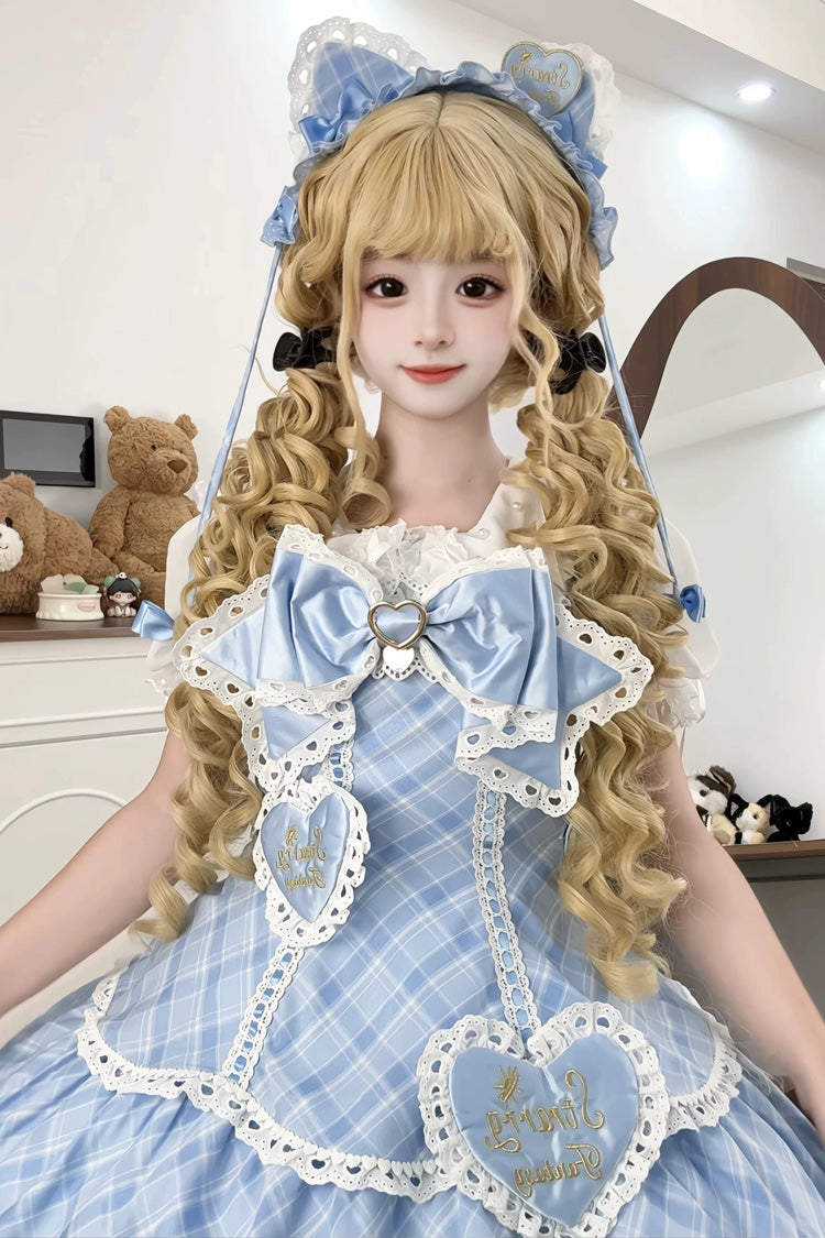 Blue [Candy Cream Puff Strawberry Cake] Multi-Layered Printed Ruffled Bow Plus Size Sweet Princess Lolita Dress 2 Versions - Product - 3