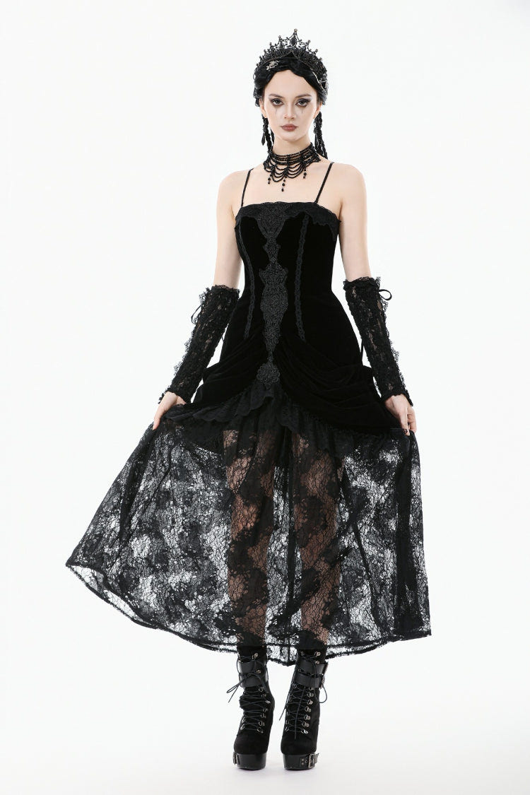 Black Women's Gothic Embroidered Lace Hem Ruched Slip Wedding Dress - Black - 1