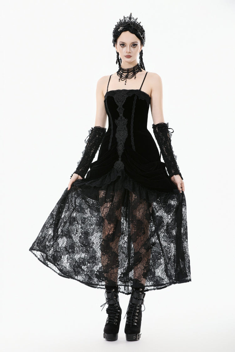 Black Women's Gothic Embroidered Lace Hem Ruched Slip Wedding Dress - Black - 1