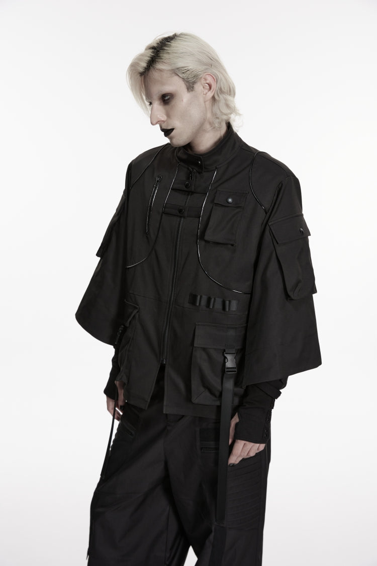 Black Stand Collar Long Sleeves Zippered Men's Punk Handsome Multi Pockets Strappy  Jacket - Product - 7