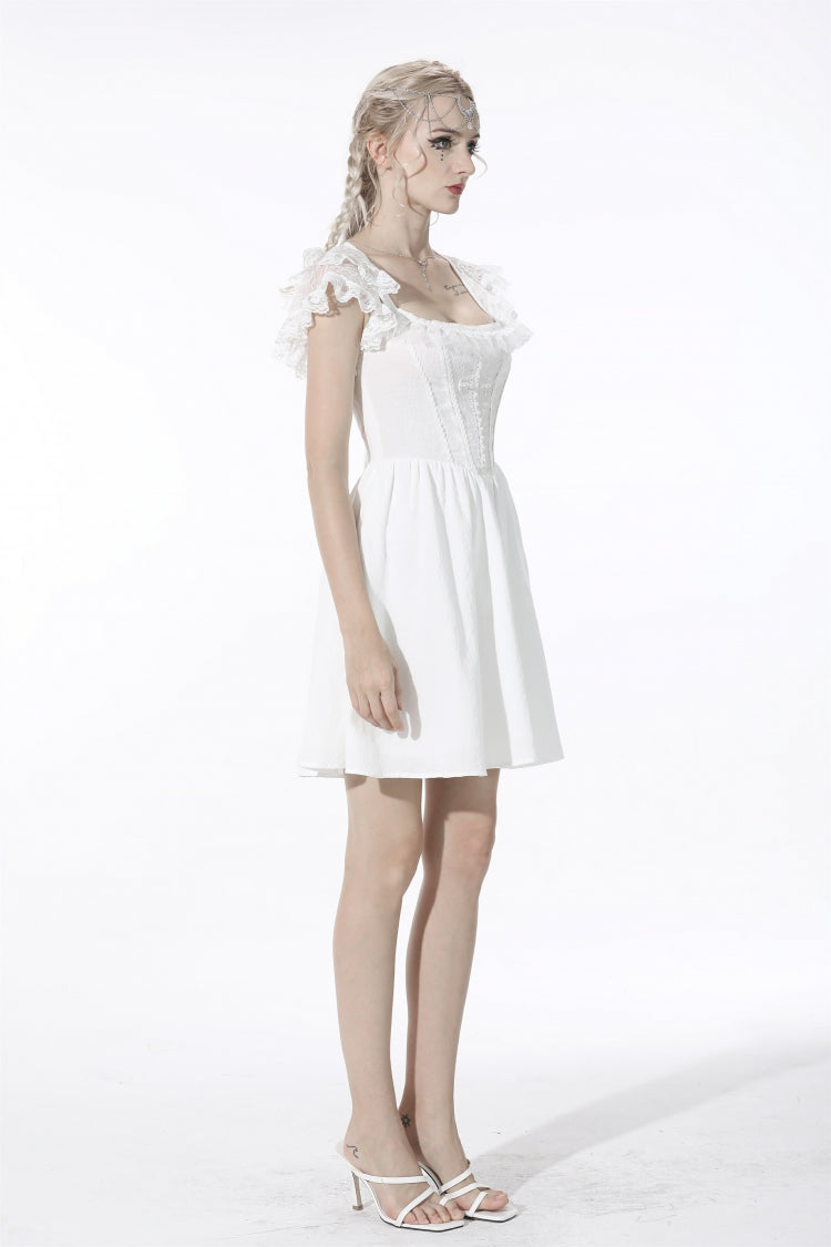 White Layered Lace Square Collar Strappy Women's Gothic Mini Graduation Dress - Product - 10