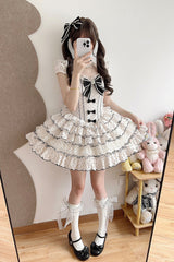 Beige Sleeveless Multi-Layered Polka Dots Printed Ruffled Bow Sweet Princess Lolita Jsk Dress - Product - 9