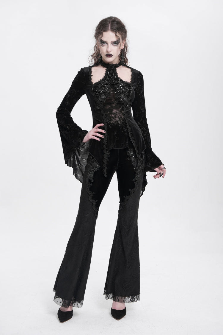 Black Halterneck Long Trumpet Sleeves Jacquard Embroidery Women's Gothic Blouse - Product - 8