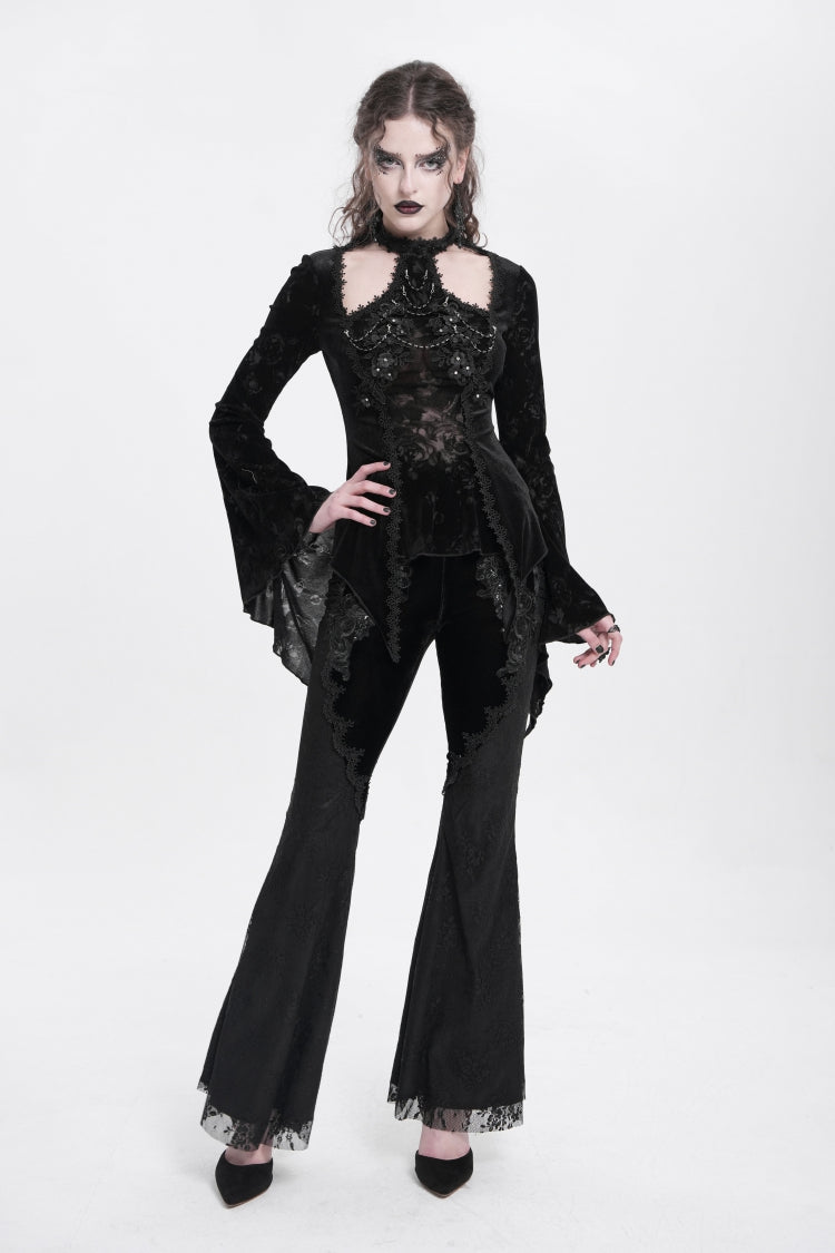 Black Halterneck Long Trumpet Sleeves Jacquard Embroidery Women's Gothic Blouse - Product - 8