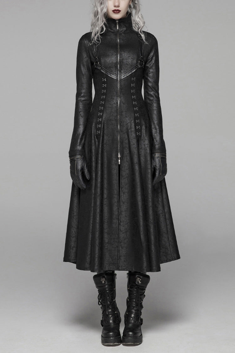 Black Stand Collar Long Sleeves Metal Ring Woven Strap Womens Gothic Long Coat - Black - 1
