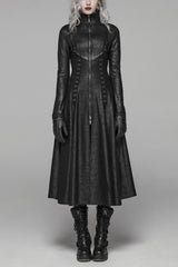Black Stand Collar Long Sleeves Metal Ring Woven Strap Womens Gothic Long Coat - Black - 1
