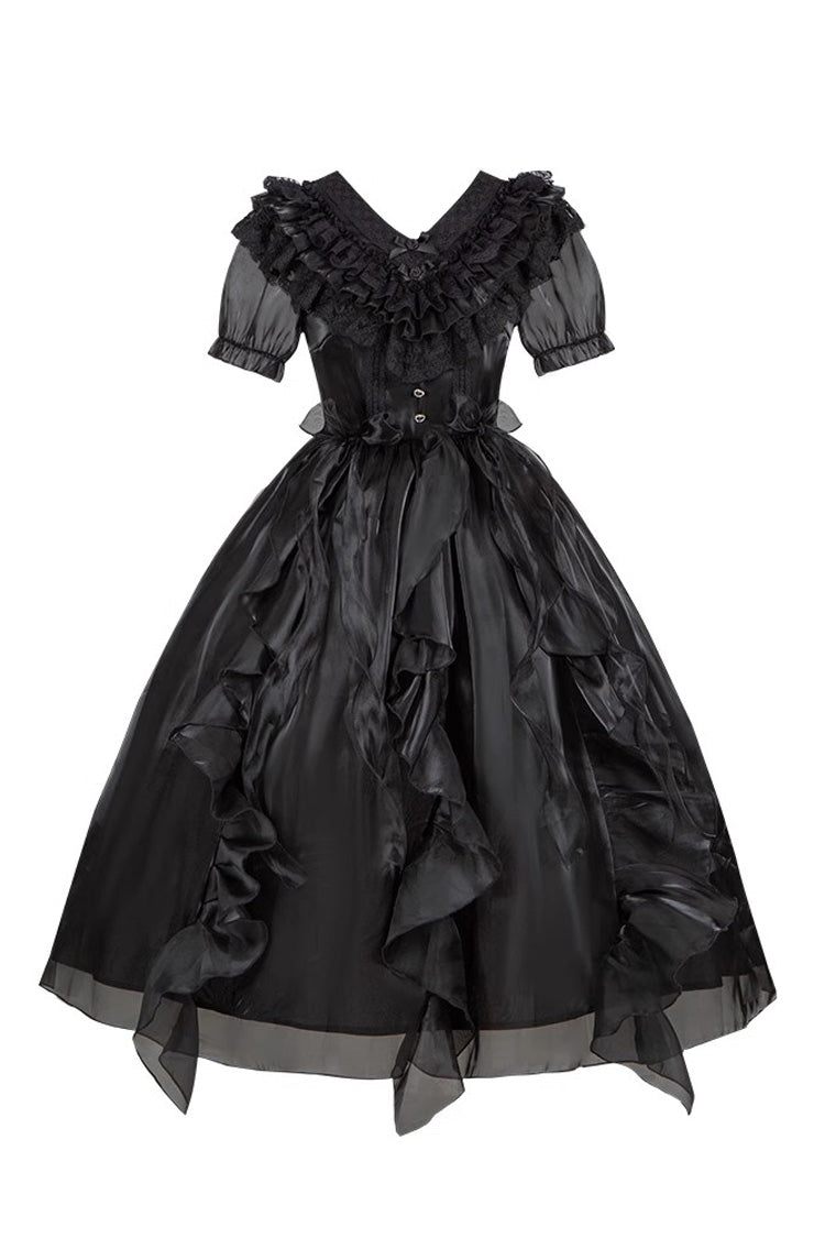 Black V-Neck Lace Cla Daily Short Puff Sleeves Gothic Lolita Dress - Product - 3