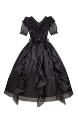 Black V-Neck Lace Cla Daily Short Puff Sleeves Gothic Lolita Dress - Product - 3