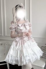 Pink/White [Pearl Nocturne] Square Collar Flutter Sleeves Multi-Layered Printed Ruffled Bow Lace Sweet Japanese Lolita Dress - Product - 6