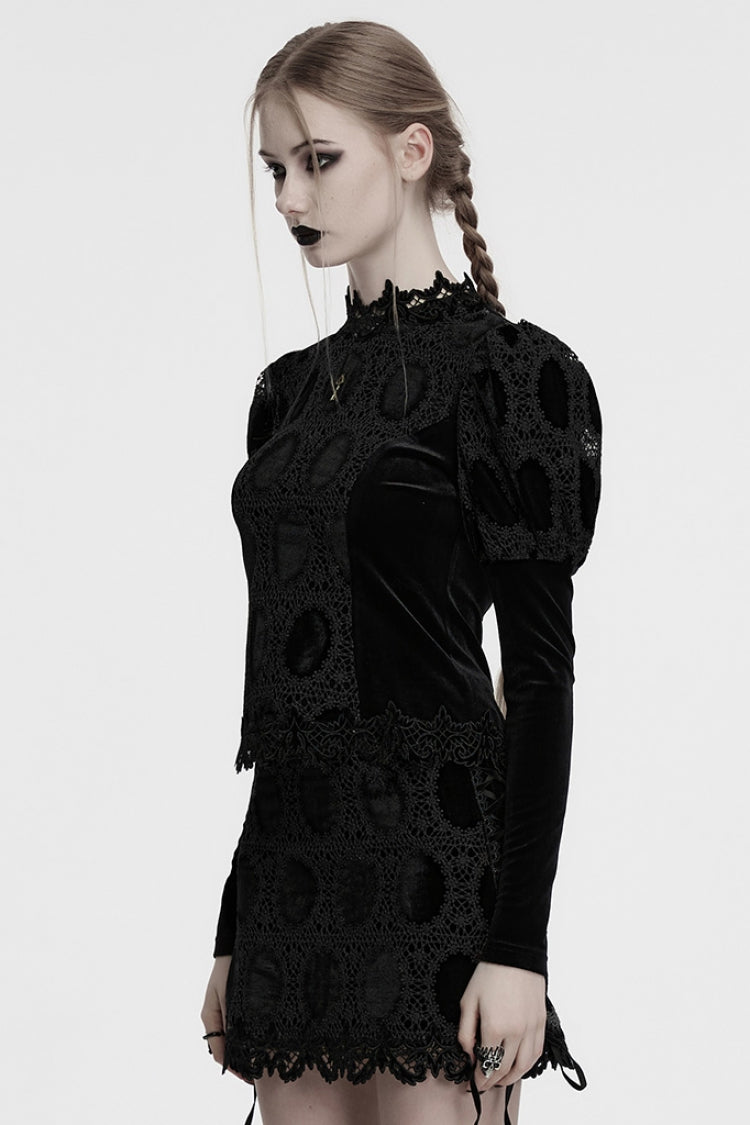 Black Long Puff Sleeves Print Embroidery Women's Gothic Blouse - Product - 2