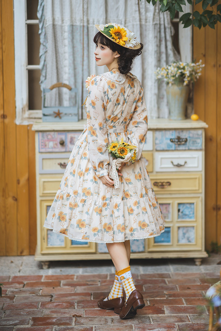 Apricot [Gardening Sunflower] Long Sleeves Print Ruffle Bowknot Sweet Elegant Lolita Dress - Product - 5