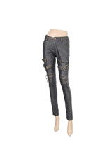 Black/Bronze Metal Zipper Decoration Metal Buckle Leather Leg Loop Leather Women's Punk Pants - Product - 6