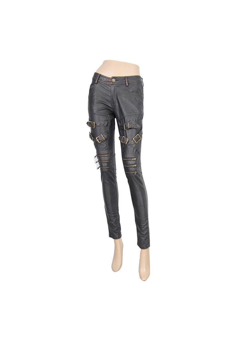 Black/Bronze Metal Zipper Decoration Metal Buckle Leather Leg Loop Leather Women's Punk Pants - Product - 6