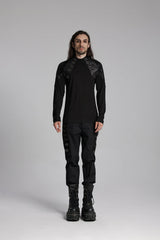 Black Round Collar Long Sleeves Mesh Pleated Loop Men's Punk Blouse - Product - 2