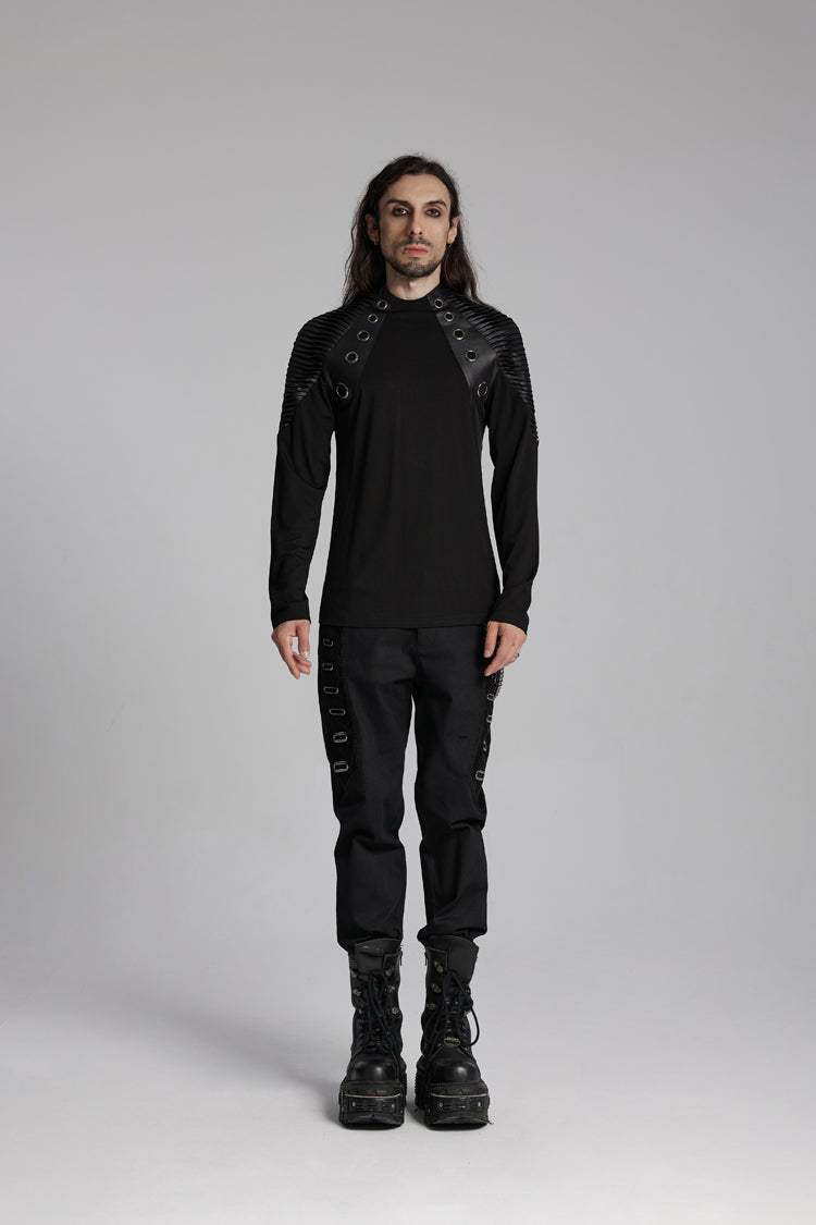 Black Round Collar Long Sleeves Mesh Pleated Loop Men's Punk Blouse - Product - 2