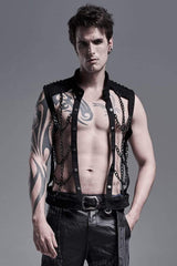 Black Stand Collar Single-breasted Metal Rivet Chain Decoration Hollow Mens Steampunk Vest - Product - 2