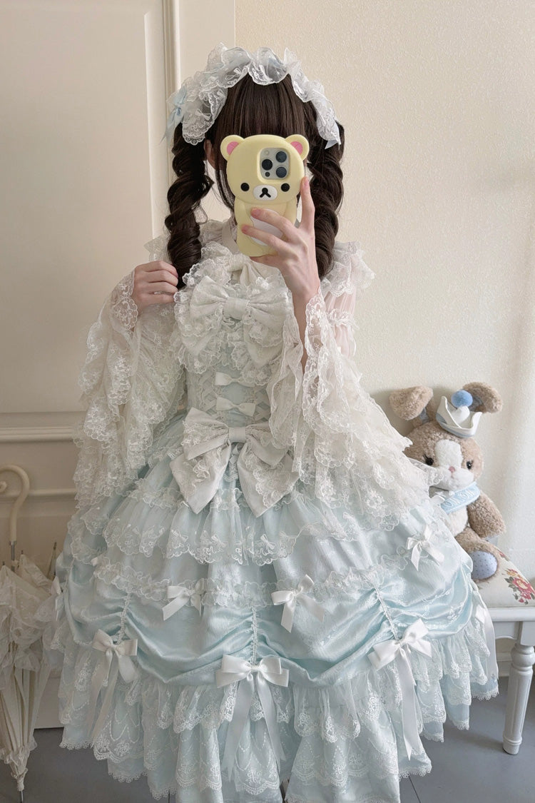 Blue [Silk Satin Gift Box] Square Collar Sleeveless Multi-Layered Ruffled Bow Lace Sweet Lolita Jsk Dress - Product - 4
