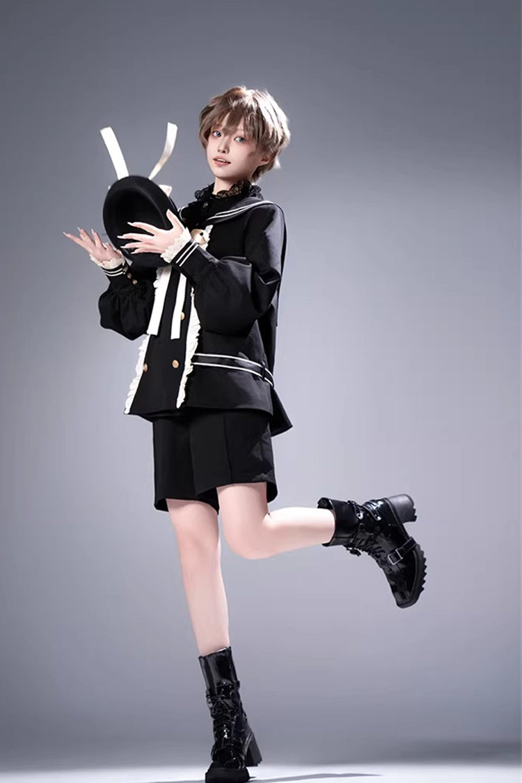 Black [City of Mist] Navy Collar Long Sleeves Gothic College Style Prince Ouji Lolita Shorts Coat Set - Product - 9