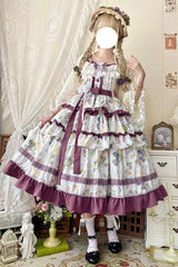 [Blueberry Early Summer] Sleeveless Triple-Layered Print Ruffle Bowknot Lace Sweet Lolita Jsk Dress 2 Colors - Purple - 1
