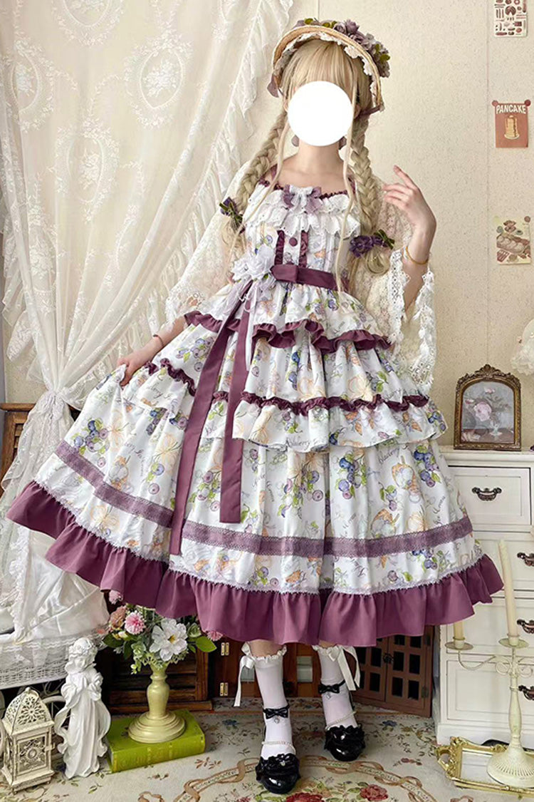 [Blueberry Early Summer] Sleeveless Triple-Layered Print Ruffle Bowknot Lace Sweet Lolita Jsk Dress 2 Colors - Purple - 1
