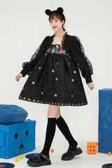 Black Square Neck Organza Print Ruffled Lantern Sleeves High Waisted Sweet Lolita OP Dress - Product - 3