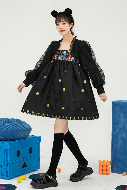 Black Square Neck Organza Print Ruffled Lantern Sleeves High Waisted Sweet Lolita OP Dress - Product - 3