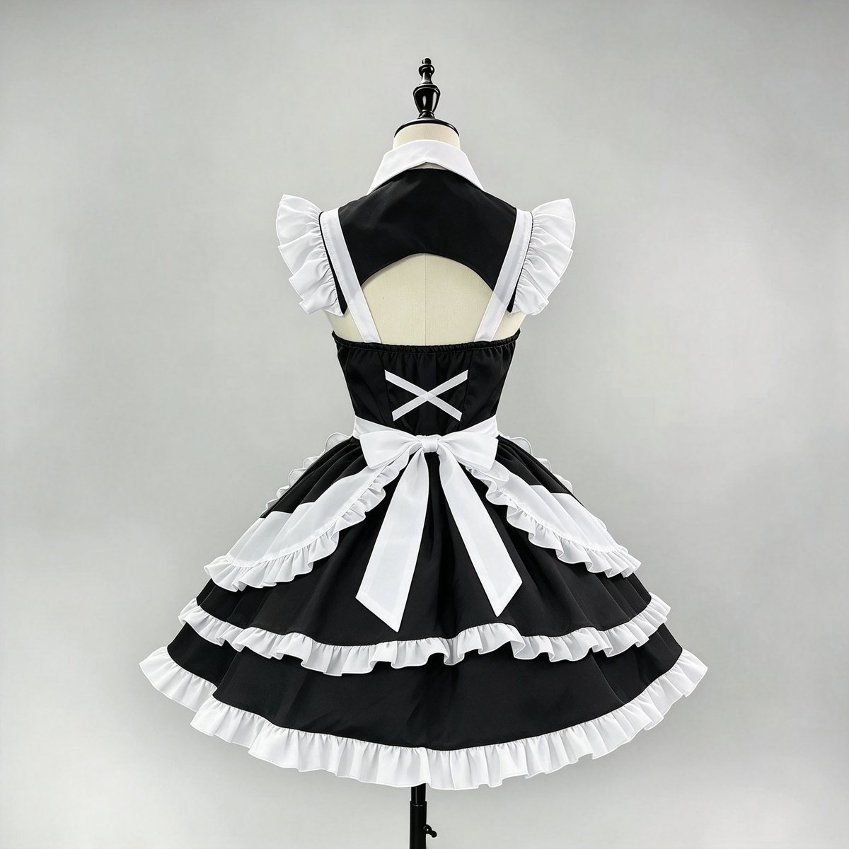 Black and White Ruffled Maid Lolita Dress with Apron Bow Accent - view 7