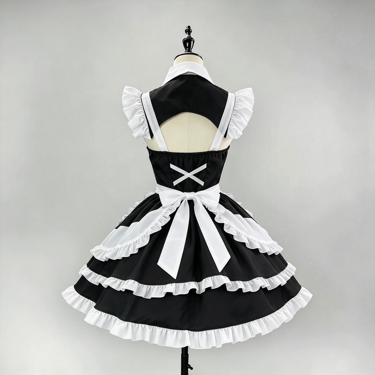 Black and White Ruffled Maid Lolita Dress with Apron Bow Accent - view 7