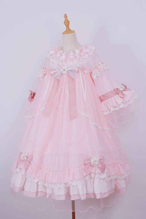 Red Bowknot Trumpet Sleeves Multi-Layer Ruffled Sweet Lolita OP Tiered Dress - Red - 1