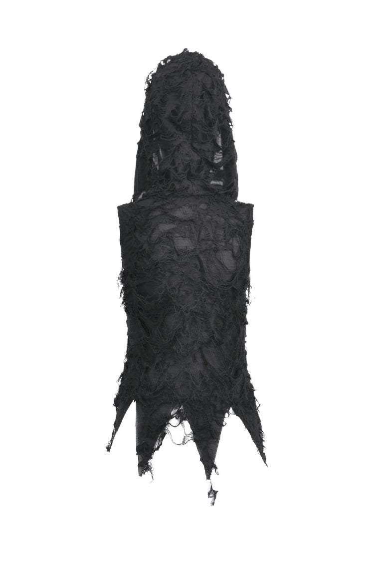 Black Sleeveless Mesh Ripped Asymmetric Zippered Eyelet Women's Punk Hooded Top - Product - 15
