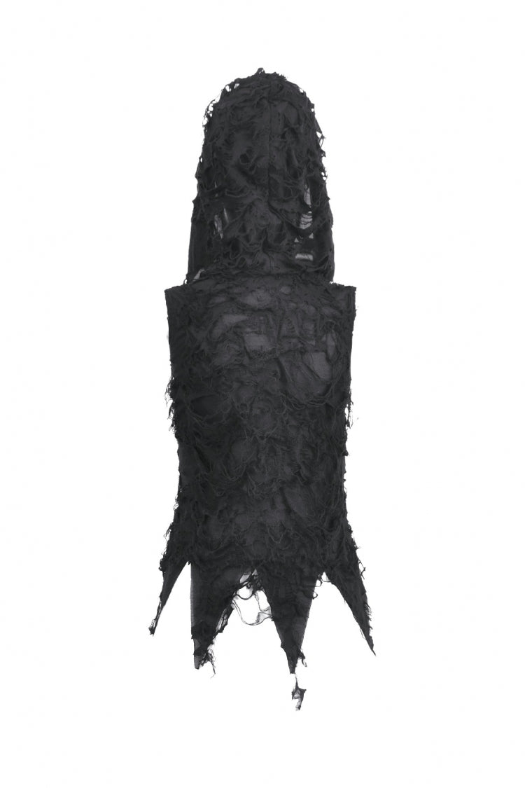 Black Sleeveless Mesh Ripped Asymmetric Zippered Eyelet Women's Punk Hooded Top - Product - 15