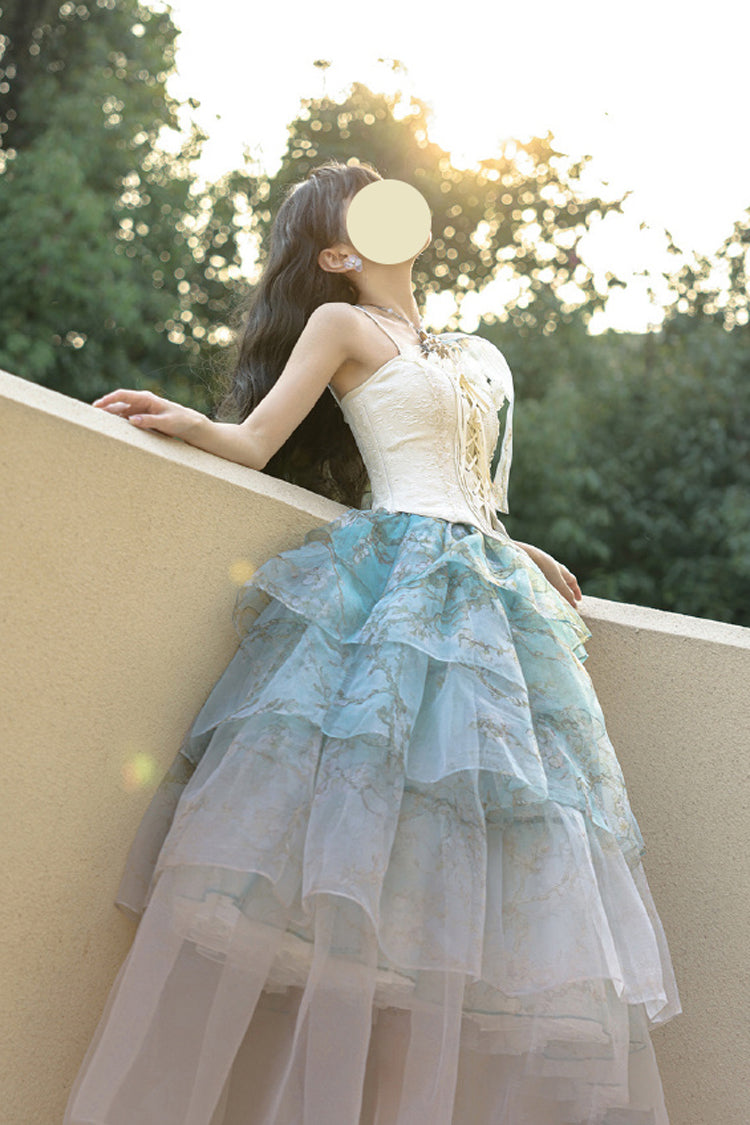 Green Gradient Multi-Layered Print Sweet Lolita Skirt - Product - 10