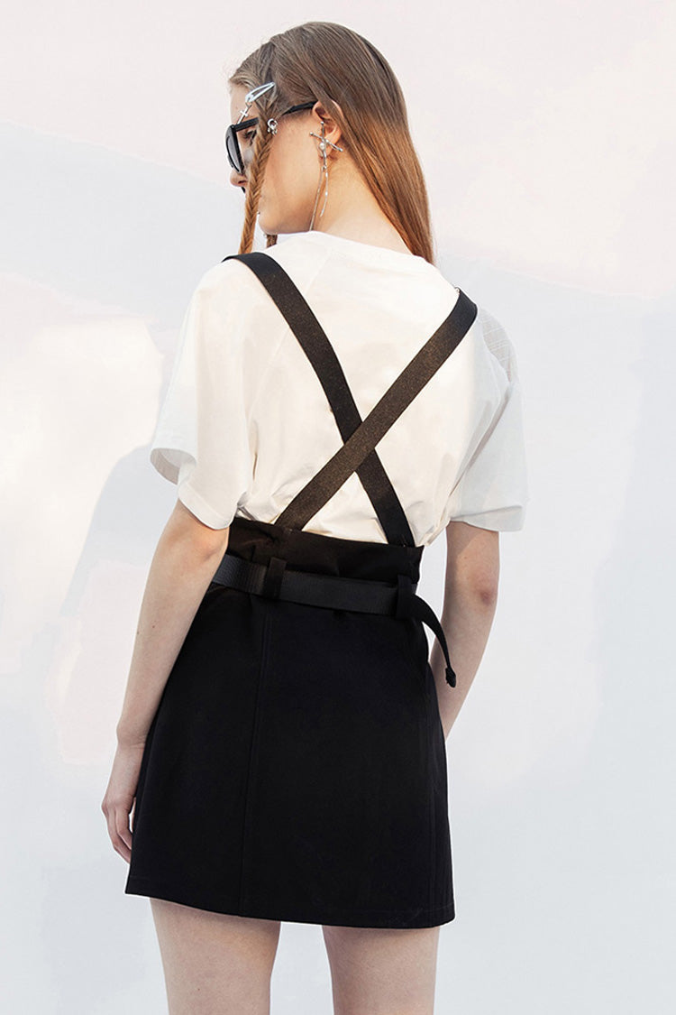 Black Metal Ring Shoulder-Strap Buckle Belt Split Hem A-Shaped Women's Punk Skirt - Product - 3
