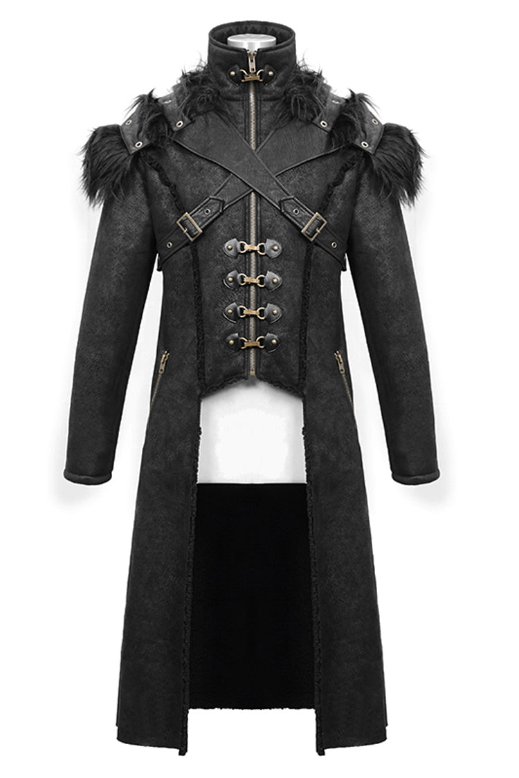 Black Stand Up Collar Shoulder Fur Cape Front Metal Hasp Chest Loops Long Fur Men's Punk Coat - Product - 7