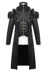 Black Stand Up Collar Shoulder Fur Cape Front Metal Hasp Chest Loops Long Fur Men's Punk Coat - Product - 7